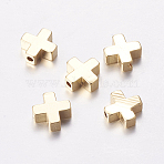 Brass Beads, Cross, Real 18K Gold Plated, 8x8x3mm, Hole: 1.4mm(X-KK-K182-01G)