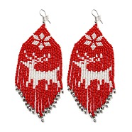 Boho Seed Bead Christmas Deer Tassel Earrings, Iron Dangle Earring for Women, Cerise, 122x45mm(EJEW-Q380-03D)
