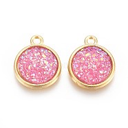 Resin Pendants, with Golden Tone Alloy Findings, Flat Round, Hot Pink, 18x15x3.5~4mm, Hole: 1.8mm(RESI-F015-A03)