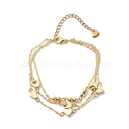 Brass Heart & Moon Link Multi-strand Bracelet, Triple Layer Bracelet for Women, Golden, 7-3/4 inch(19.7cm)(BJEW-JB08841)