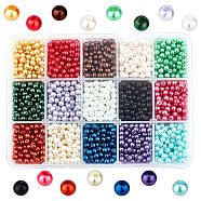 15 Color Glass Pearl Beads, Dyed, Round, Mixed Color, 4mm, Hole: 0.8mm, about 225pcs/color, 3400pcs/box(HY-X0008-4mm)