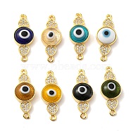 Brass Micro Pave Clear Cubic Zirconia Connector Charms, with Lampwork, Evil Eye with Heart, Real 18K Gold Plated, Mixed Color, 28.5x11x4.5~5mm, Hole: 1.4mm(KK-K338-03G)