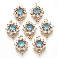 Transparent Glass Links connectors, with Golden Tone Brass Findings and Clear Rhinestone, Faceted, Flower, Dodger Blue, 16x11x5mm, Hole: 1.2mm(X-GLAA-R212-18C)