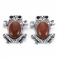 Synthetic Goldstone Frog Brooch, Alloy Lapel Pin with Loop for Backpack Clothes Pendant Jewelry, Cadmium Free & Lead Free, Antique Silver, 46x38x10~15mm, Hole: 4x5.5mm, Pin: 0.7mm(PALLOY-Q438-006B-RS)