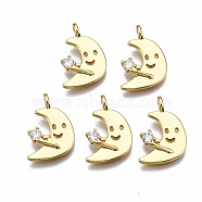 Brass Micro Pave Clear Cubic Zirconia Pendants, Nickel Free, Moon with Face, Real 18K Gold Plated, 18x12x4mm, Hole: 1.6mm(KK-T063-78G-NF)