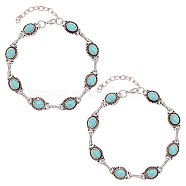 2Pcs Acrylic Imitation Turquoise Oval Link Chain Anklet, Alloy Jewelry for Women, Antique Silver & Platinum, 9-1/4 inch(23.5cm)(AJEW-AN0001-04)
