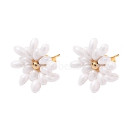 Flower Stud Earrings, with Czech Glass Beads, Golden Plated 304 Stainless Steel Stud Earring Findings and Ear Nuts, White, 19x18x4mm, Pin: 0.8mm(EJEW-JE04392-02)