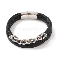 Braided Microfiber Leather Multi-strand Bracelets, Viking 304 Stainless Steel Skull Bracelets for Men, Antique Silver & Stainless Steel Color, 8-1/2x7/8 inch(21.5x2.2cm)(BJEW-B096-08I)