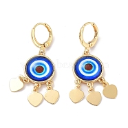 Real 18K Gold Plated Brass Heart Chandelier Earrings, Glass Evil Eye Drop Earrings, Blue, 40.5x14mm(EJEW-L269-048G-02)