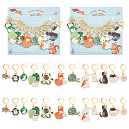 Alloy Enamel & Acrylic Pendant Stitch Markers, Crochet Leverback Hoop Charms, Locking Stitch Marker with Wine Glass Charm Ring, Cat/Rabbit/Fox, Mixed Color, 2.9~5cm, 12 style, 1pc/style, 12pcs/set(HJEW-AB00361)