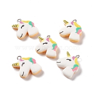Opaque Resin Unicorn Pendants, with Platinum Tone Iron Loops, Colorful, 22.5x19x6mm, Hole: 2mm(RESI-G040-A04)