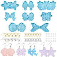 SUPERFINDINGS Resin Casting Molds, Shell & Fishtail & Sea Horse & Dolphin & Fish Pendant Silicone Molds, with Iron Open Jump Rings & Earring Hooks, Plastic Ear Nuts, Sky Blue, Molds: 8Pcs/box(DIY-FH0004-55)