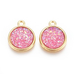 Resin Pendants, with Golden Tone Alloy Findings, Flat Round, Hot Pink, 18x15x3.5~4mm, Hole: 1.8mm(RESI-F015-A03)