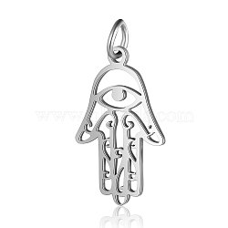201 Stainless Steel Pendants, Hamsa Hand/Hand of Fatima/Hand of Miriam with Eye, Stainless Steel Color, 21.5x13x1mm, Hole: 3mm(STAS-S105-T557D-1)