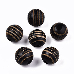 Painted Natural Wood Beads, Laser Engraved Pattern, Round with Zebra-Stripe, Black, 15.5~16.5x15mm, Hole: 4mm(X-WOOD-T021-54B-01)