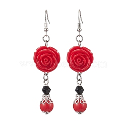 Resin Pendants Earrings, with Brass Findings, Halloween Rose, Red, 71x18mm(EJEW-JE06016)