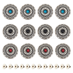 12 Sets 3 Colors Alloy & Imitation Turquoise Craft Solid Screw Rivet, with Iron Screws, Flat Round with Flower Pattern, for DIY Luggage and Hardware Accessaries, Mixed Color, 30x8.5mm, Hole: 2.5mm, 4 sets/color(FIND-GF0004-25)