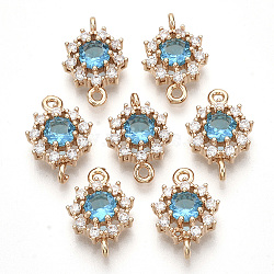 Transparent Glass Links connectors, with Golden Tone Brass Findings and Clear Rhinestone, Faceted, Flower, Dodger Blue, 16x11x5mm, Hole: 1.2mm(X-GLAA-R212-18C)