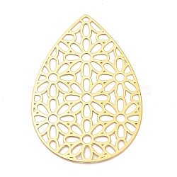 Ion Plating(IP) 201 Stainless Steel Pendant, Hollow, Teardrop with Flower Charm, Golden, 45.5x31x0.3mm, Hole: 1.5mm(STAS-H183-01G)