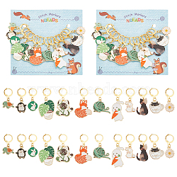 Alloy Enamel & Acrylic Pendant Stitch Markers, Crochet Leverback Hoop Charms, Locking Stitch Marker with Wine Glass Charm Ring, Cat/Rabbit/Fox, Mixed Color, 2.9~5cm, 12 style, 1pc/style, 12pcs/set(HJEW-AB00361)