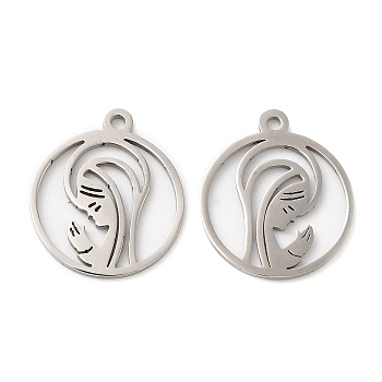 201 Stainless Steel Pendants, Hollow, Flat Round with Woman Charm, Stainless Steel Color, 17.5x15x1mm, Hole: 1.4mm