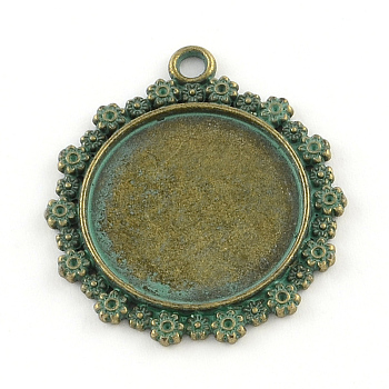 Flower with Flat Round Zinc Alloy Pendant Cabochon Settings, Cadmium Free & Nickel Free & Lead Free, Antique Bronze & Green Patina, 31x28x2mm, Hole: 2.5mm, Tray: 20mm