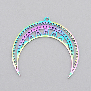 201 Stainless Steel Pendants, Laser Cut, Moon, Rainbow Color, 31x34x1mm, Hole: 1.6mm