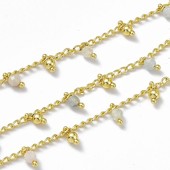 Handmade Brass Curb Chains, with Natural Morganite Round Beaded Charms, Soldered, with Spool, Real 18K Gold Plated, Link: 3x1.7x0.4mm