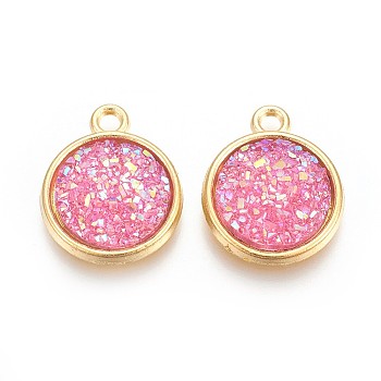 Resin Pendants, with Golden Tone Alloy Findings, Flat Round, Hot Pink, 18x15x3.5~4mm, Hole: 1.8mm