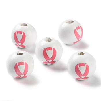 Printed Wood European Beads, October Breast Cancer Pink Awareness Ribbon, Round, Hot Pink, 16x14.5mm, Hole: 4mm