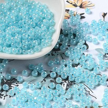 Glass Seed Beads, Ceylon, Round Hole, Round, Dark Turquoise, 4x3mm, Hole: 1.5mm, 7500pcs/pound
