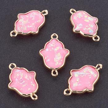 Resin Links connectors, with Brass Findings, Hamsa Hand/Hand of Fatima/Hand of Miriam, Golden, Pearl Pink, 20x13x4mm, Hole: 1~1.4mm