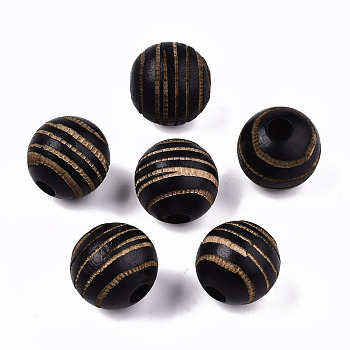 Painted Natural Wood Beads, Laser Engraved Pattern, Round with Zebra-Stripe, Black, 15.5~16.5x15mm, Hole: 4mm