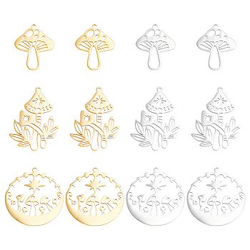 DICOSMETIC 12Pcs 6 Style 201 Stainless Steel Pendants, Laser Cut, Mushroom, Golden & Stainless Steel Color, 2pcs/style