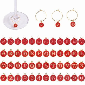 DIY Wine Glass Charms Making Kits, Including Brass Wine Glass Charm Rings, Number & Alphabet & Constellation Alloy Enamel Pendants, Red, 148Pcs/box