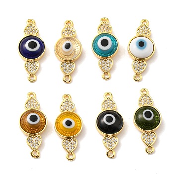 Brass Micro Pave Clear Cubic Zirconia Connector Charms, with Lampwork, Evil Eye with Heart, Real 18K Gold Plated, Mixed Color, 28.5x11x4.5~5mm, Hole: 1.4mm