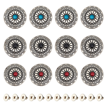 12 Sets 3 Colors Alloy & Imitation Turquoise Craft Solid Screw Rivet, with Iron Screws, Flat Round with Flower Pattern, for DIY Luggage and Hardware Accessaries, Mixed Color, 30x8.5mm, Hole: 2.5mm, 4 sets/color