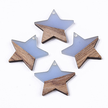 Transparent Resin & Wood Pendants, Star, Light Steel Blue, 26x28x4mm, Hole: 1.6mm
