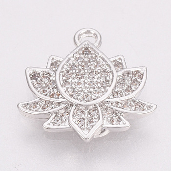 Brass Micro Pave Cubic Zirconia Charms, Lotus, Nickel Free, Real Platinum Plated, 13x13x2mm, Hole: 1mm