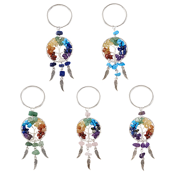 Pandahall 5Pcs 5 Styles Copper Wire Wrapped Natural & Synthetic Gemstone Chip Keychain, with Tibetan Style Alloy Wing Charm, Flat Round with Tree of Life Pattern, 12cm, 1pc/style