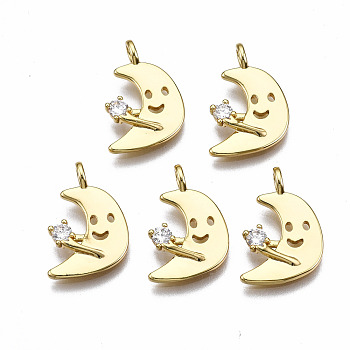 Brass Micro Pave Clear Cubic Zirconia Pendants, Nickel Free, Moon with Face, Real 18K Gold Plated, 18x12x4mm, Hole: 1.6mm