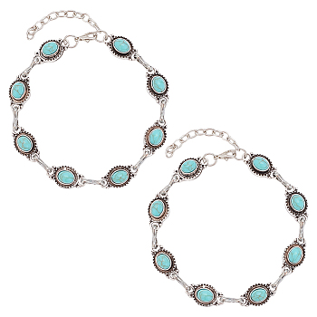 2Pcs Acrylic Imitation Turquoise Oval Link Chain Anklet, Alloy Jewelry for Women, Antique Silver & Platinum, 9-1/4 inch(23.5cm)