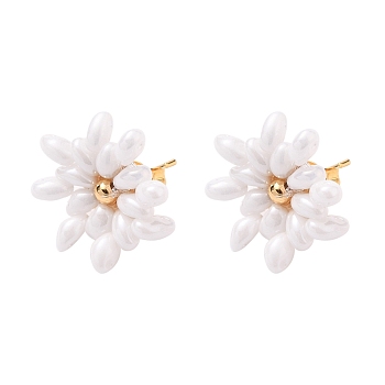 Flower Stud Earrings, with Czech Glass Beads, Golden Plated 304 Stainless Steel Stud Earring Findings and Ear Nuts, White, 19x18x4mm, Pin: 0.8mm