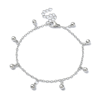 304 Stainless Steel Round Ball Charm Bracelets for Women, Stainless Steel Color, 6-3/4 inch(17.2cm)