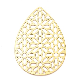 Ion Plating(IP) 201 Stainless Steel Pendant, Hollow, Teardrop with Flower Charm, Golden, 45.5x31x0.3mm, Hole: 1.5mm