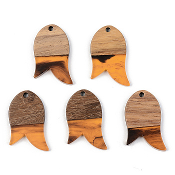 Resin & Walnut Wood Pendants, Fish, Orange, 28x18x3mm, Hole: 2mm