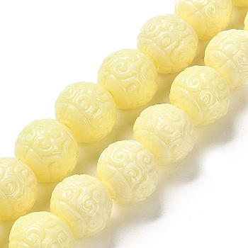 Synthetic Coral Carved Beads, Dyed, Round, Light Yellow, 9mm, Hole: 0.8mm, about 38pcs/strand, 13.58''(34.5cm)