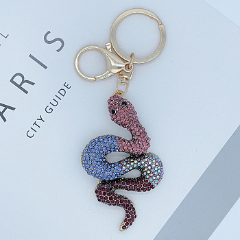 Full Rhinestone Snake Pendant Keychain, with Alloy Findings, for Car Bag Pendant , Colorful, 14x4.9cm