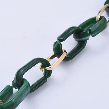 Handmade Paperclip Chains, Drawn Elongated Cable Chains, with Aluminium Linking Rinds and Acrylic Linking Rinds, Imitation Gemstone Style, Light Gold, Dark Green, Link: 16x8x2mm, 18.5x11.5x4.5mm, 39.37 inch(1m)/strand
