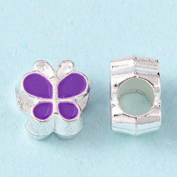 Alloy Enamel Butterfly Large Hole European Beads, Silver Color Plated, Dark Violet, 10x10x7mm, Hole: 4.5mm
